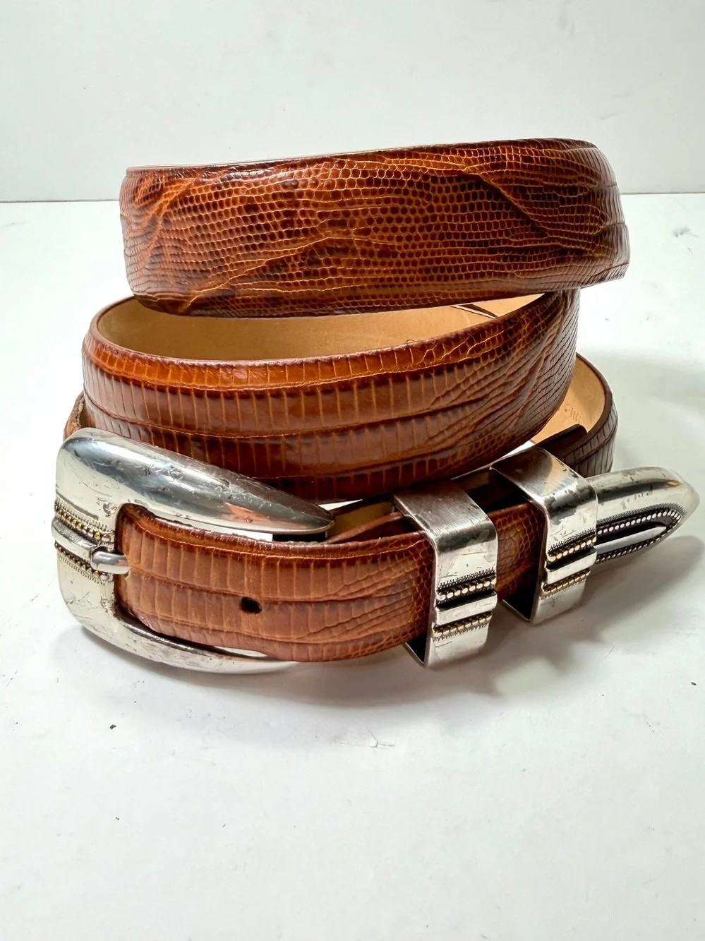 Vintage Italian Calfskin Leather Ranger Belt 38 Lizard Embossed Cognac Brown Y2K